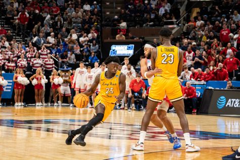 Salt Lake City, Utah: LBSU men’s basketball junior forward Aboubacar Traore drives to the basket against the University of Arizona in the National Championship tournament. He would score 14 points and grab 15 rebounds in the defeat to the Wildcats.