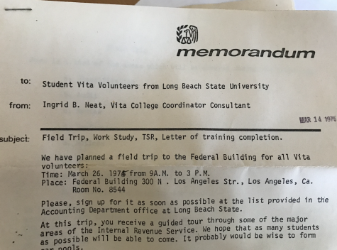 3/6/24 1975 flyer that was sent over to Sudha Krishnan, overseer of the Vita Tax Assis.tance Program. This was the start of the program at CSULB in 1975 as a workshop for students who were interested in helping to complete their training.