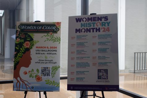 Poster on the right reveals information about the Womxn of Color Leadership Conference. Poster on the left lists the different events the Women's and Gender Equity Center will host in celebration on Women's History Month.