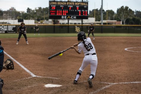 Long Beach State softball's freshman, outfielder, Erica Estrada attempted to bunt the ball to get herself on base. The Beach would end the game short against Utah State with a score of 2-4.