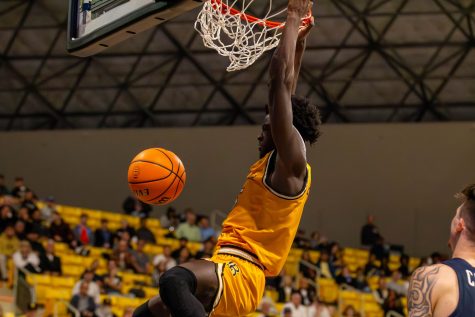 2/29/24 - Long Beach, Calif: Junior forward for The Beach Aboubacar Traore slammed the ball down at the 10-minute mark of the first half, which gave Long Beach State some room to come back and possibly win against Fullerton. However, Traore's 10 points and 11 rebounds would go in vain after he got ejected with a flagrant two foul and The Beach lost 76-61 at The Walter Pyramid.