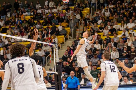 3/16/24 - Long Beach, Calif: Sophomore opposite Skyler Varga came up huge for Long Beach State as he scored two 10-plus kill games during the back-to-back game against Hawai'i as The Beach beat them in those two games. Varga scored 15 kills, two serve assists and four digs as Long Beach State won 4-3 in overtime against Hawai'i at the Walter Pyramid.