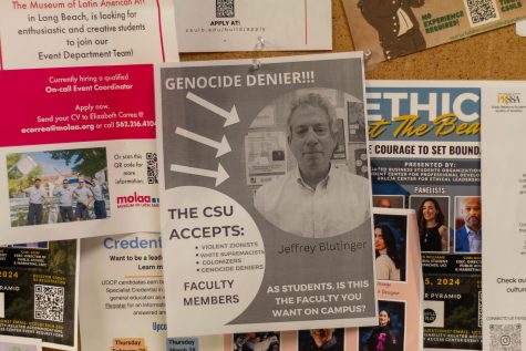 3/15/24 - Long Beach, Calif: After posters of professor Jeffrey Blutinger were spotted Wednesday and an email from Long Beach State President Jane Close Conoley was sent out, Blutinger's posters continued to be spread from the Fine Arts building and Peterson Hall 1 locations.