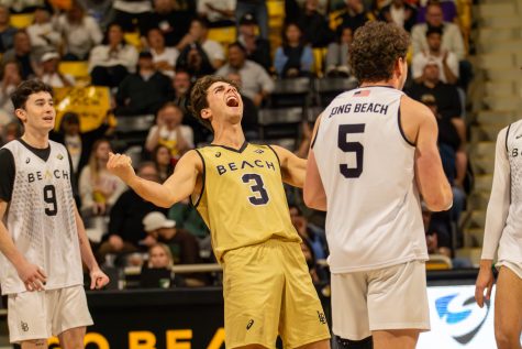 3/16/24 – Long Beach, Calif: Long Beach State Senior Libero Mason Briggs celebrates with his team at The Walter Pyramid against Hawai'i in a back-and-forth 3-2 victory. Briggs set his team up with three assists and brought the emotions to The Beach volleyball team and the Long Beach State fans.