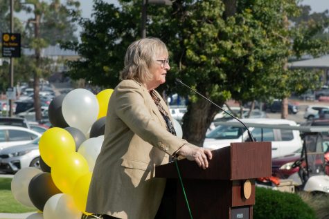 President Conoley speaking at the ceremony for the construction of La Playa Hall on Thursday, March 28.
