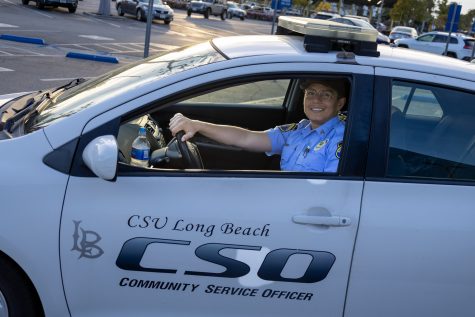 03/28/20-24 - CSO Supervisor Gabriel Lopez takes car unit 352 to patrol around Long Beach State campus grounds.Lopez said CSO units patrol "Everywhere," from the furthest building on the south side of campus and up to the north side by Walter Pyramid.