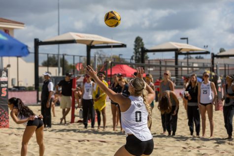 Long Beach State's beach volleyball, junior, Abby Karich served against Loyola Marymount University in a match The Beach would clinch. In the Long Beach Invitational LBSU would go 4-0.