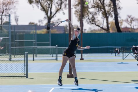 Cal State Long Beach's junior, tennis player, Peppi Ramstedt returned a serve from UC Irvine during a doubles game. The Beach came out on top with a 7-0 win in their final game of the Big West Tournament.