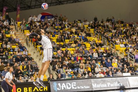 Long Beach State’s men’s volleyball, junior, outside hitter, Sotiris Siapanis served during the final regular season game against UC Irvine. The Beach would defeat UCI 3 to 0 at their senior game in the Walter Pyramid.