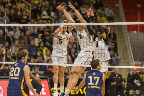 Long Beach State men’s volleyball creates a wall in the home game against UC Irvine, sweeping the Anteaters 3-0. The Beach blocked eight shots against Irvine and took the Big West regular season title home at the Walter Pyramid.