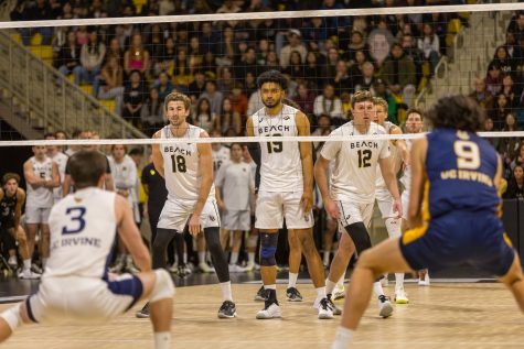 Long Beach State men’s volleyball junior, Nato Dickinson, DiAeris McRaven, and senior, Clarke Godbold face off against UC Irvine on senior night. LBSU may have the opportunity to play UCI in the finals of the NCAA tournament.