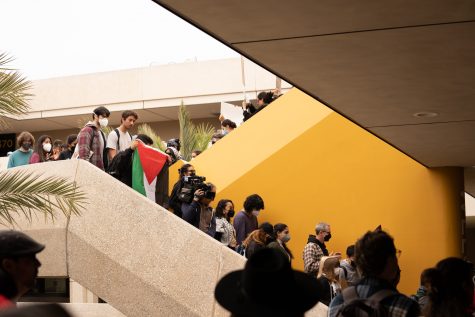 Protesters crowded Brotman Hall and chanted "Free Palestine" as they walked down the stairs and headed over to the fountain to continue the protest.
